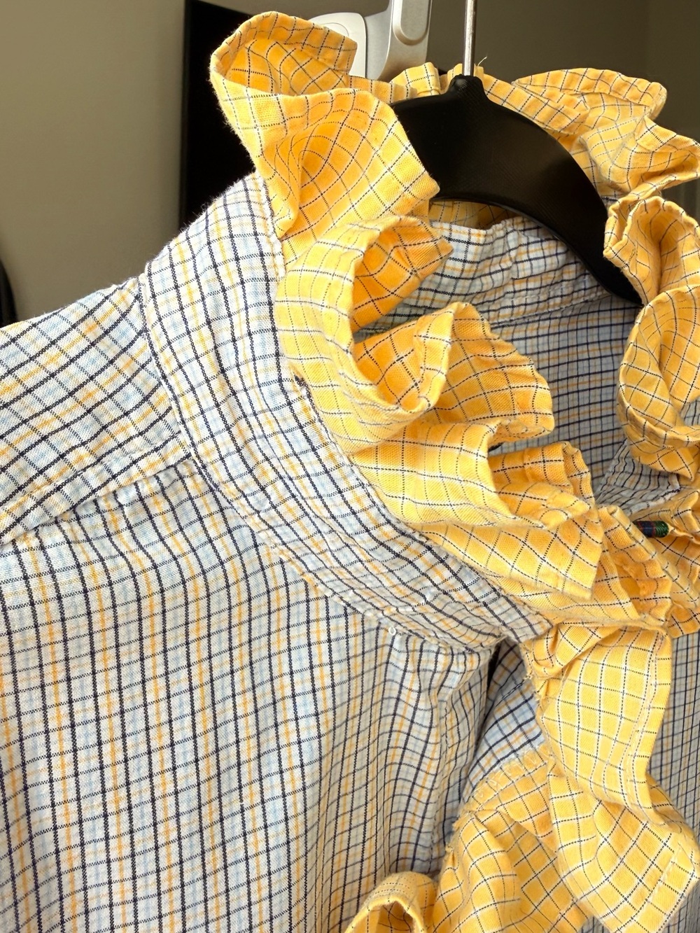 Reloved Upcycle ♻️ Lightweight Yellow & Blue Gingham Ruffle-Collar Blouse L/XL